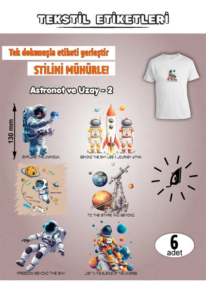 Ütü ile Yapışan Kıyafet Etiketi Astronot ve Uzay -2 6lı Set