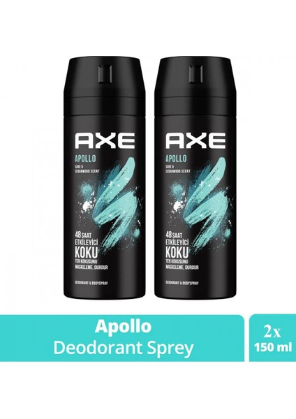 2 Adet Axe Erkek Sprey Deodorant Apollo 48 Saat Etkileyici Koku Vücut Spreyi 150 ml
