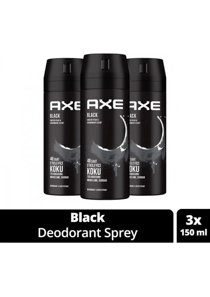 3 Adet Axe Erkek Deodorant & Bodyspray Black 48 Saat Etkileyici Koku Vücut Spreyi 150 ml