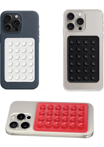 Telefon Arkası Silikon Vantuz Güçlü Tutucu Siyah - Beyaz - Kırmızı 3 Lü Set