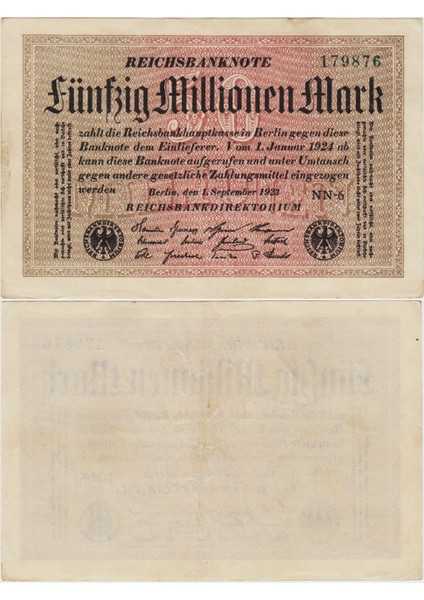 Almanya 50 Milyon Mark 1923 Weimar Cumhuriyeti. Çilaltı(-)