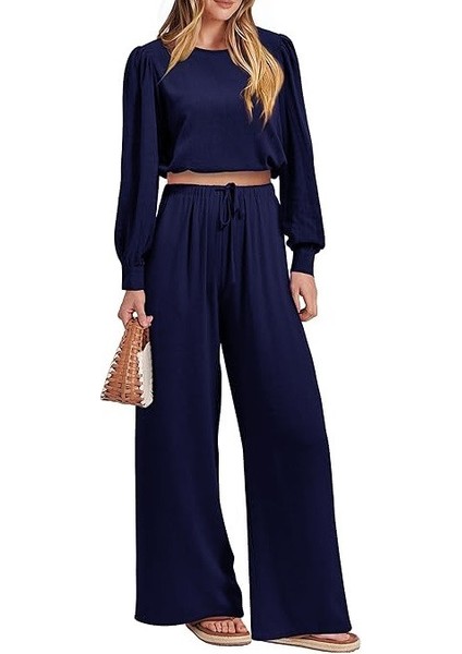 Keten Yazlık Yüksel Bel Pantolon Balon Kol Tasarım Bluz Ikili Takım Alt Üst