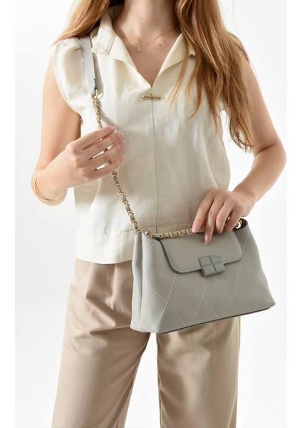 ,zincir Detaylı , Açık Gri Bayan Omuz ve Çapraz Çantası