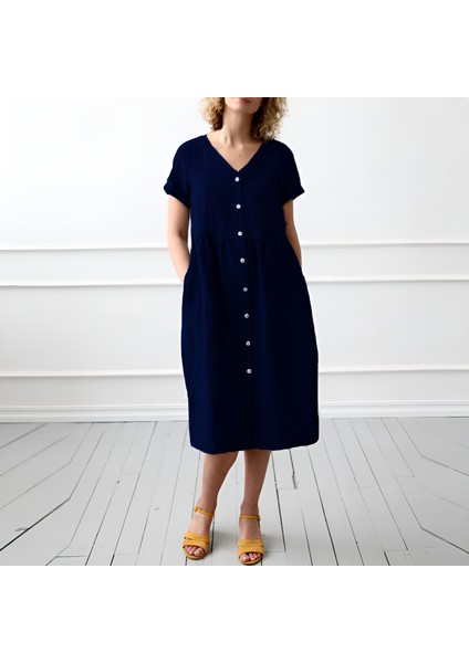 Keten Günlük Yazlık V yaka Kısa Kol Düğme Detaylı Kadın Elbise fırsatları