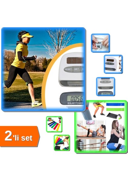 Adımsayar Kalori Ölçer Güneş Enerjili + 5li Egzersiz Direnç Lastiği Pilates Crossfit Set 4MR2HT