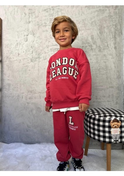 Erkek Çocuk Pamuklu Kırmızı London League Sweatshirt ve Eşofman Alt Takım - Nakış Detaylı fiyatları