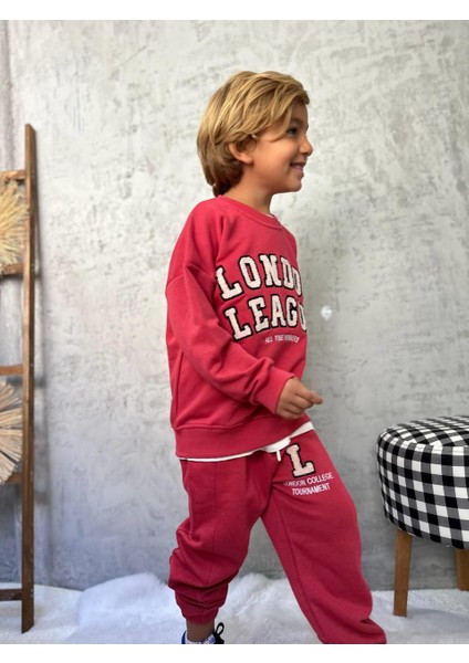 Erkek Çocuk Pamuklu Kırmızı London League Sweatshirt ve Eşofman Alt Takım - Nakış Detaylı modelleri