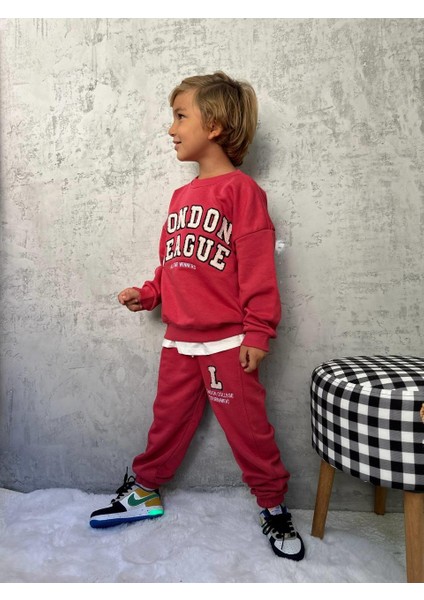 Erkek Çocuk Pamuklu Kırmızı London League Sweatshirt ve Eşofman Alt Takım - Nakış Detaylı fırsatları