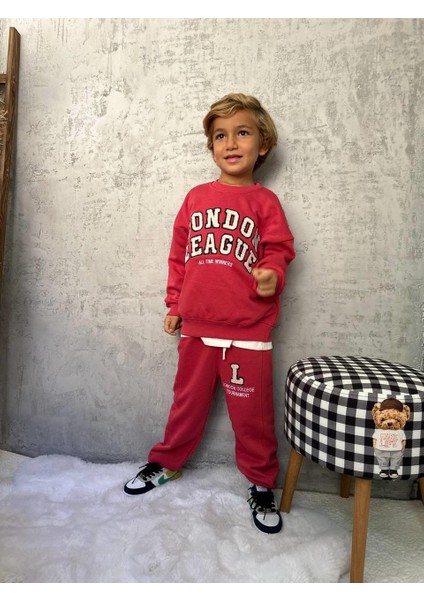 Erkek Çocuk Pamuklu Kırmızı London League Sweatshirt ve Eşofman Alt Takım - Nakış Detaylı indirimleri