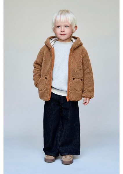 Unisex Çocuk Pamuklu Kahverengi Teddy Desenli Kapüşonlu Fermuarlı Mont - Cep Detaylı