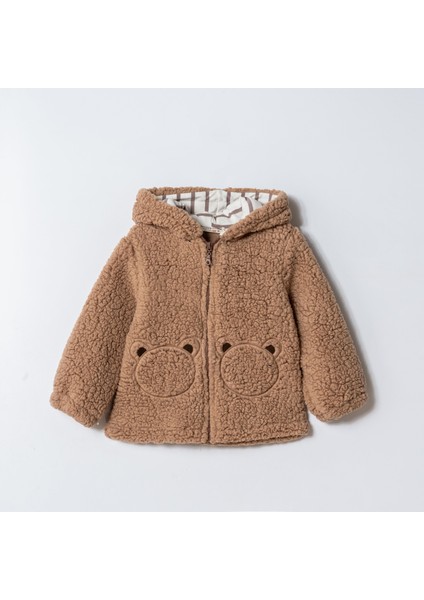 Unisex Çocuk Pamuklu Kahverengi Teddy Desenli Kapüşonlu Fermuarlı Mont - Cep Detaylı fiyatları