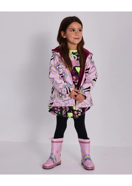 Kız Çocuk Unicorn Desenli Su Geçirmez Pembe Yağmurluk