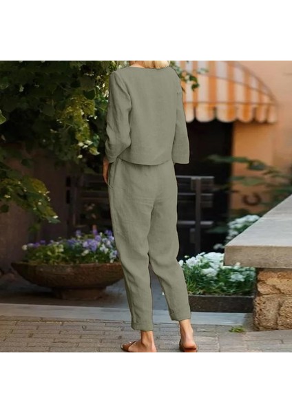 Keten Günlük Rahat Beli Kemerli Kadın İkili Takım Alt Üst modelleri
