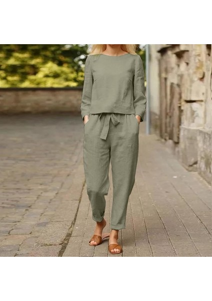 Keten Günlük Rahat Beli Kemerli Kadın İkili Takım Alt Üst fırsatları