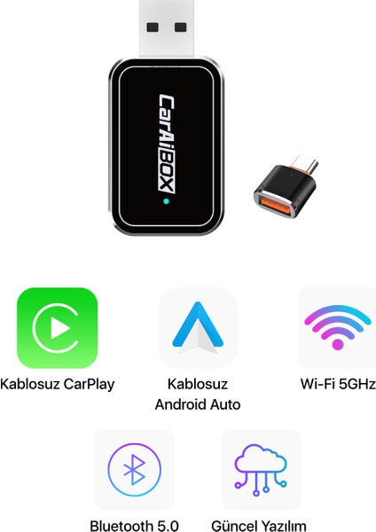 Mini Kablosuz Carplay & Android Auto Dönüştürücü | 2in1 Multimedya Adaptörü | USB - Type-C | Ai Box