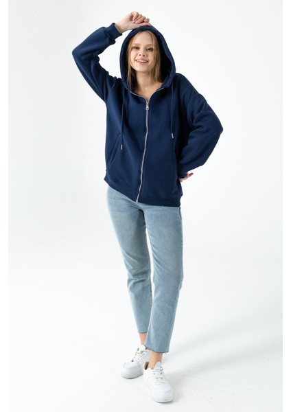 Kadın Kapüşonlu Fermuarlı Çift Cepli 3ip Sweatshirt Lacivert - 264402