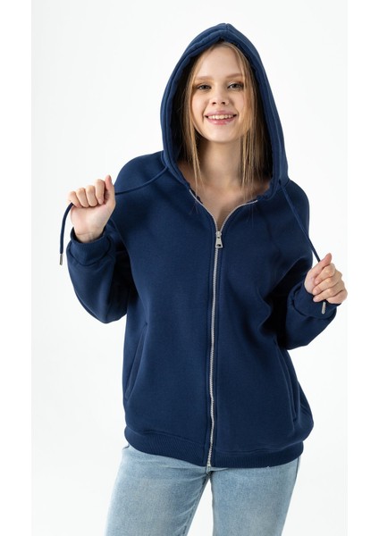 Kadın Kapüşonlu Fermuarlı Çift Cepli 3ip Sweatshirt Lacivert - 264402 fiyatları