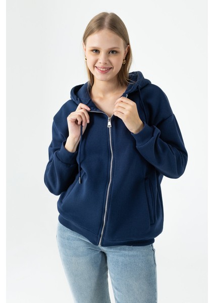 Kadın Kapüşonlu Fermuarlı Çift Cepli 3ip Sweatshirt Lacivert - 264402 modelleri