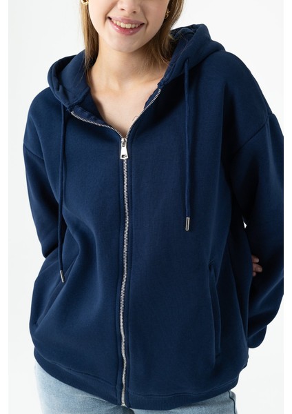 Kadın Kapüşonlu Fermuarlı Çift Cepli 3ip Sweatshirt Lacivert - 264402 fırsatları