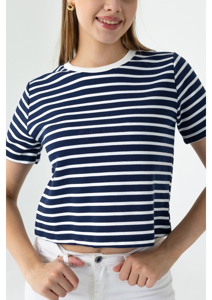 Kadın Bisiklet Yaka Kısa Kollu Çizgili Sweatshirt Lacivert - MS0001301 fırsatları