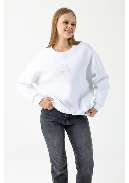 Kadın Bisiklet Yaka Ayıcık Baskılı 3ip Sweatshirt Beyaz - 264422 modelleri