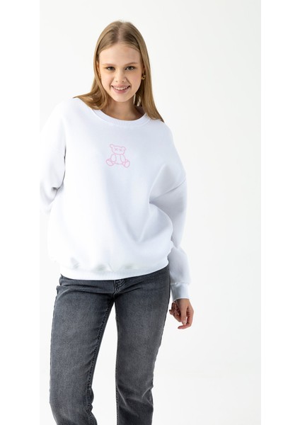 Kadın Bisiklet Yaka Ayıcık Baskılı 3ip Sweatshirt Beyaz - 264422 fırsatları