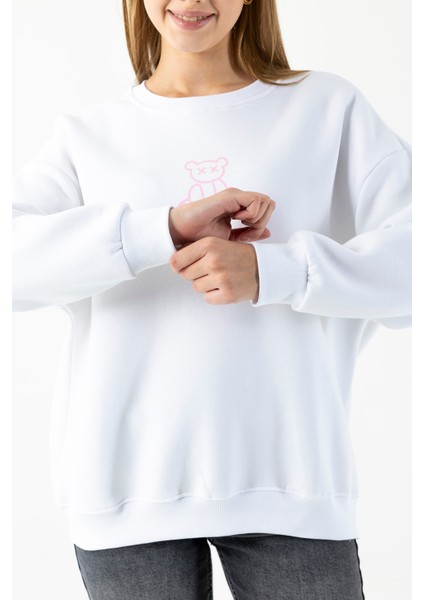 Kadın Bisiklet Yaka Ayıcık Baskılı 3ip Sweatshirt Beyaz - 264422