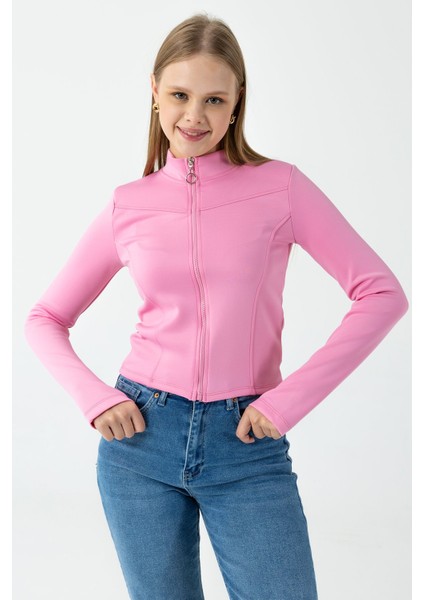 Kadın Dik Yaka Parmak Geçirmeli Fermuarlı Sweatshirt Pembe - 26K 2537 modelleri