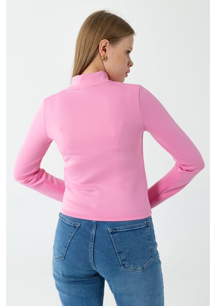 Kadın Dik Yaka Parmak Geçirmeli Fermuarlı Sweatshirt Pembe - 26K 2537 indirimleri