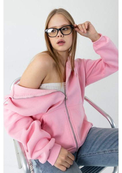 Kadın Kapüşonlu Fermuarlı Şardonlu 3ip Sweatshirt Pembe - 9015 - 264401