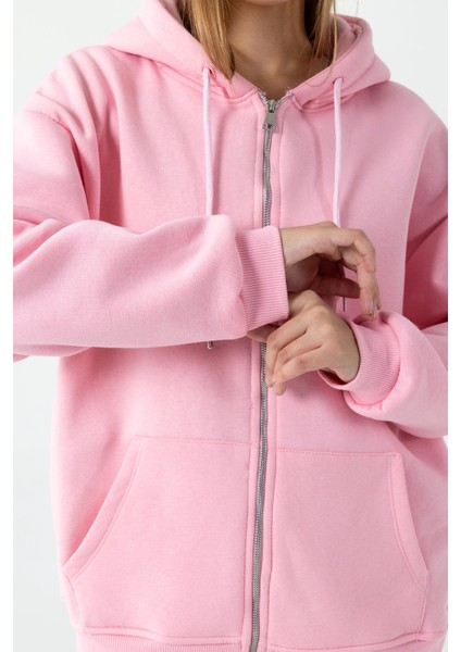 Kadın Kapüşonlu Fermuarlı Şardonlu 3ip Sweatshirt Pembe - 9015 - 264401 indirimleri