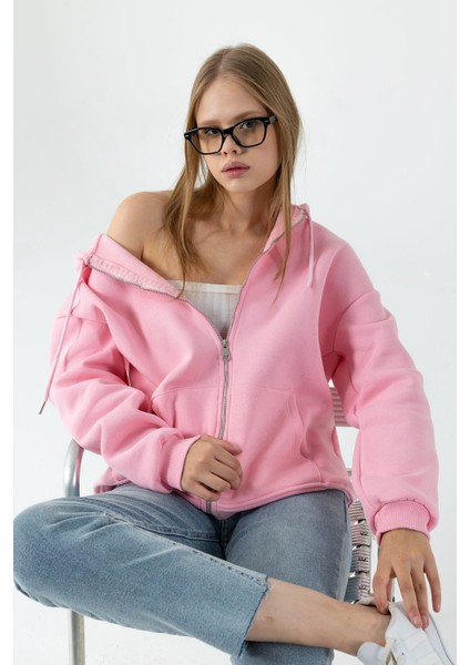 Kadın Kapüşonlu Fermuarlı Şardonlu 3ip Sweatshirt Pembe - 9015 - 264401