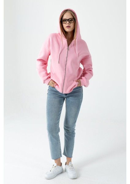 Kadın Kapüşonlu Fermuarlı Şardonlu 3ip Sweatshirt Pembe - 9015 - 264401