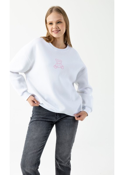 Kadın Bisiklet Yaka Ayıcık Baskılı 3ip Sweatshirt Beyaz - 264422