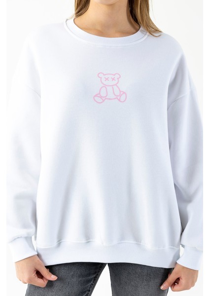 Kadın Bisiklet Yaka Ayıcık Baskılı 3ip Sweatshirt Beyaz - 264422 indirimleri