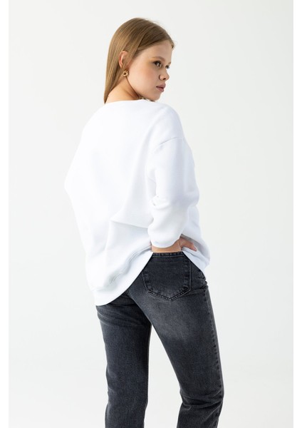 Kadın Bisiklet Yaka Ayıcık Baskılı 3ip Sweatshirt Beyaz - 264422