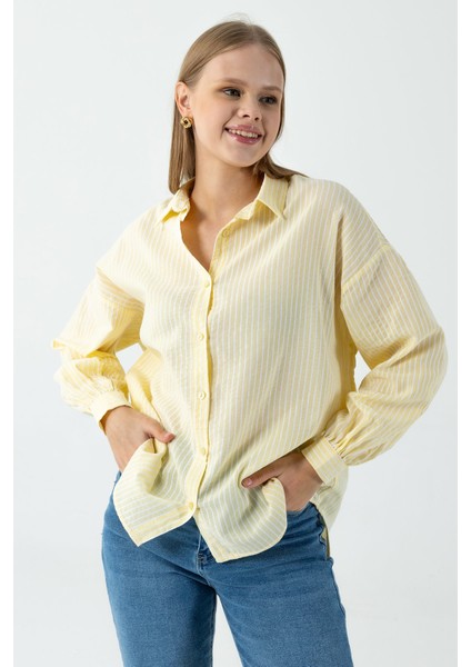 Kadın Uzun Kollu Pamuklu Oversize Çizgili Gömlek Sarı - 26Y 2021