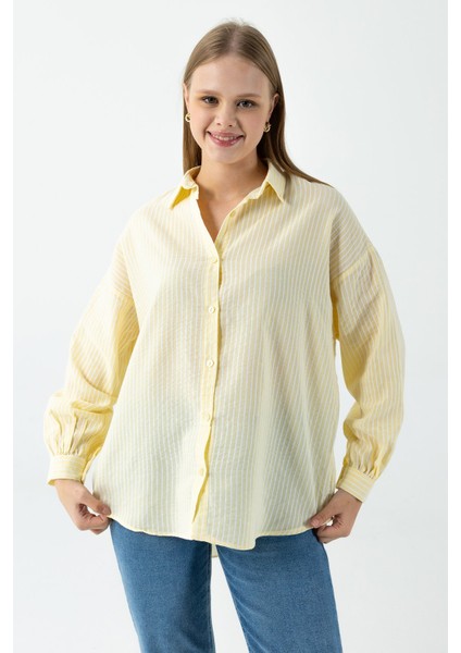 Kadın Uzun Kollu Pamuklu Oversize Çizgili Gömlek Sarı - 26Y 2021 fırsatları