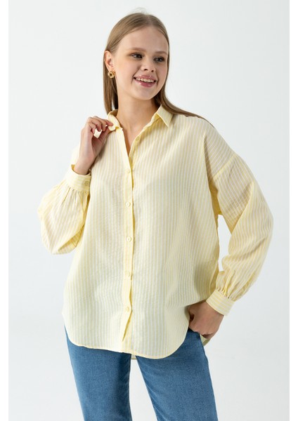 Kadın Uzun Kollu Pamuklu Oversize Çizgili Gömlek Sarı - 26Y 2021 indirimleri