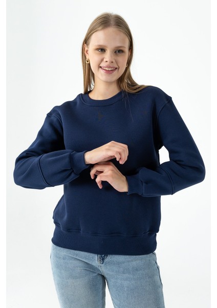 Kadın Bisiklet Yaka Kol Parçalı 3ip Şardonlu Sweatshirt Lacivert - 2513 modelleri