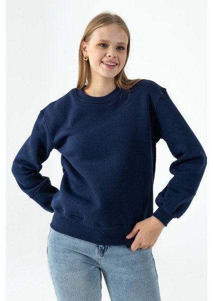 Kadın Bisiklet Yaka Kol Parçalı 3ip Şardonlu Sweatshirt Lacivert - 2513 fırsatları
