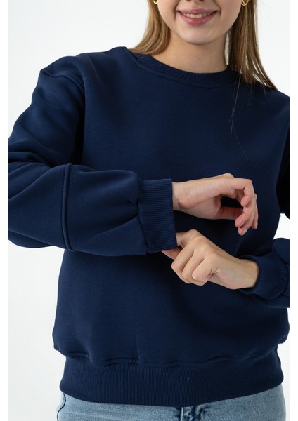 Kadın Bisiklet Yaka Kol Parçalı 3ip Şardonlu Sweatshirt Lacivert - 2513 indirimleri