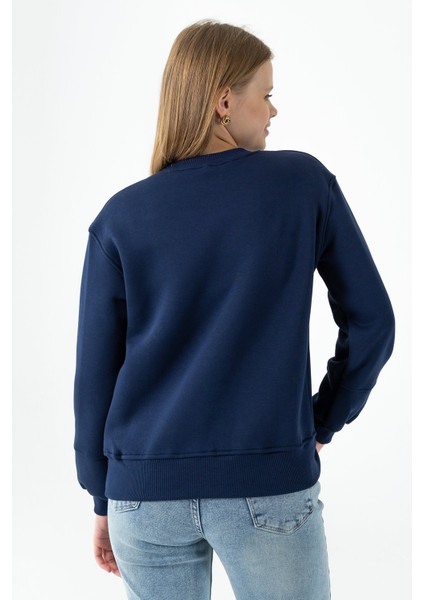 Kadın Bisiklet Yaka Kol Parçalı 3ip Şardonlu Sweatshirt Lacivert - 2513