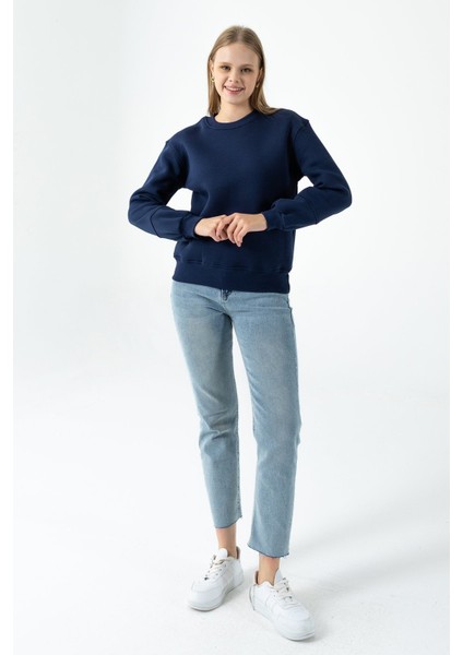 Kadın Bisiklet Yaka Kol Parçalı 3ip Şardonlu Sweatshirt Lacivert - 2513