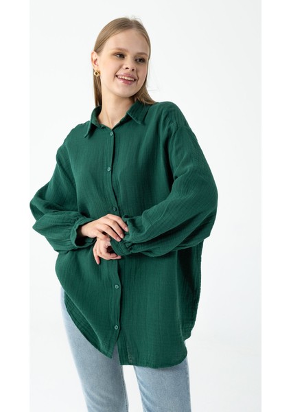 Kadın Uzun Kollu %100 Pamuklu Oversize Gömlek Yeşil - 26K 2012
