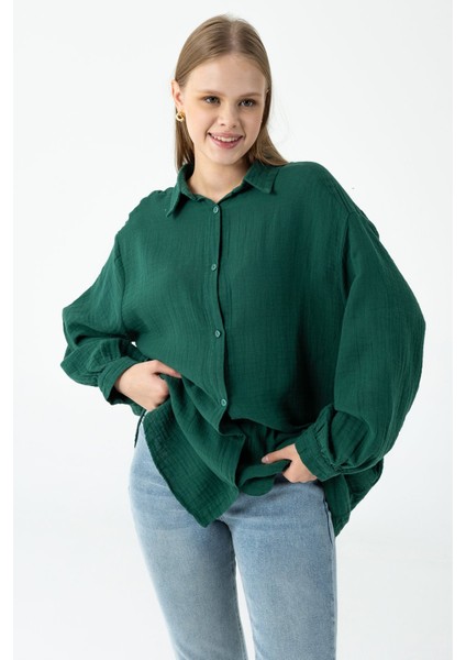 Kadın Uzun Kollu %100 Pamuklu Oversize Gömlek Yeşil - 26K 2012 modelleri