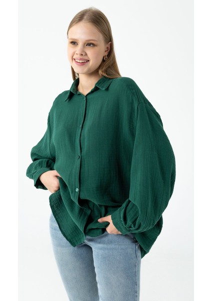 Kadın Uzun Kollu %100 Pamuklu Oversize Gömlek Yeşil - 26K 2012 fırsatları