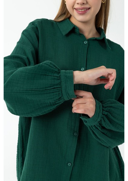 Kadın Uzun Kollu %100 Pamuklu Oversize Gömlek Yeşil - 26K 2012