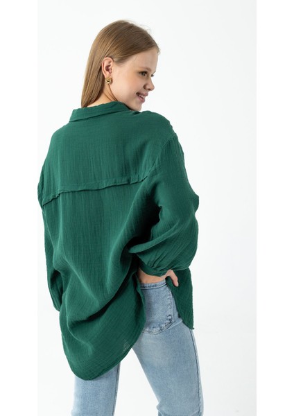 Kadın Uzun Kollu %100 Pamuklu Oversize Gömlek Yeşil - 26K 2012