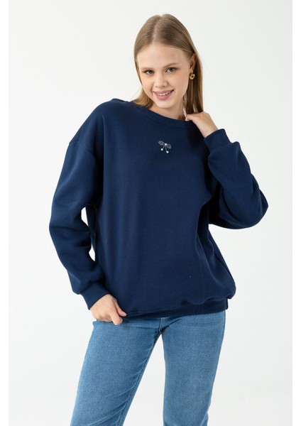 Kadın Bisiklet Yaka Fiyonk Detaylı 3ip Sweatshirt Lacivert - 264420 fiyatları